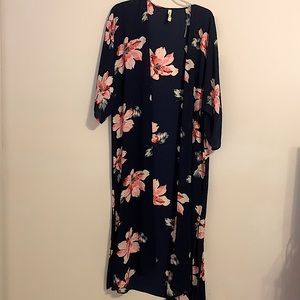 Beloved Floral Kimono Duster Wrap Cardigan blue with pink floral